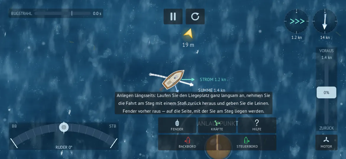 Anlegesimulator für Segelboote: Eine Yacht läuft die Kaimauer an, Kraftpfeile zeigen Wind, Strom und die resultierende Abdrift